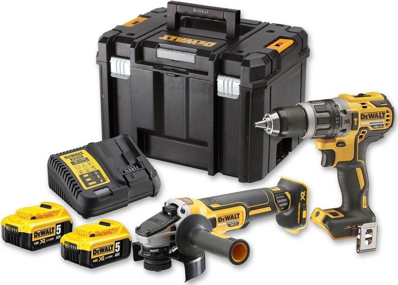 DeWALT DCK2020P2T-QW 18V Comboset - Accuboormachine DCD791 & Haakse Slijper DCG405, 2x 5Ah Accu's + Lader in T-Stak