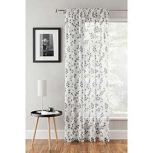 Tyrone Textiles Delila Rideau en voile noir à motif floral – 140 x 122 cm – Rideaux d'intimité semi-transparent avec passe-tringle