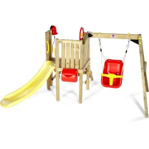 FANTASK 4-in-1 klimrek met glijbaan, houten klimdriehoek, incl. dubbelzijdige helling, klimboog en wip, driehoek, speelplaats voor kinderen vanaf 1 jaar, naturel