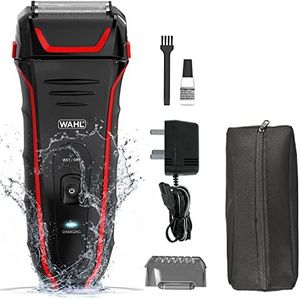 Wahl Clean and Close Plus, scheerapparaat voor heren, elektrisch scheerapparaat voor heren, baardscheren, flexfolie, precisietrimmer, waterdicht, gemakkelijk te reinigen, rubberen grip, zwart en rood
