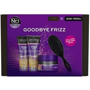 John Frieda x Varis Wonder-Reparatie Voordeelset - Shampoo, Conditioner, Wonder-Kuur (250 ml) en Varis Smoothing Brush Haarborstel - Frizz Ease Serie - Geïnspireerd Door Stylisten