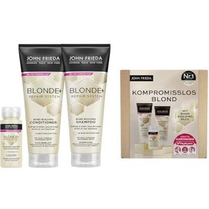 John Frieda Blonde+ Repair System Voordeelset - Inhoud: Pre-shampoo Treatment, 100ml, Shampoo, 250ml, Conditioner, 250ml - Inclusief gratis MegRhythm oogmasker - Met Bond Building Plex