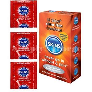 SKINS Condoom, dunne condooms, multipack, geen latexgeur en extra smering, verpakking van 12 stuks