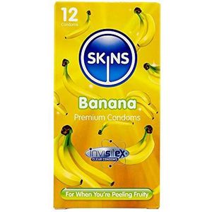 Skins Sexual Health Condooms met bananensmaak, multipack, geen latexgeur en extra glijmiddel voor maximaal comfort en plezier, dun gevoel (kleurloos, 12 stuks, 1 stuk)