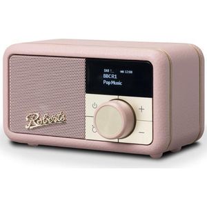 Roberts Radio Revival Kleine compacte draagbare radio met Dab-FM, Bluetooth, 20 uur batterijduur, AUX-ingang, passieve radiator, streaming, donkerroze