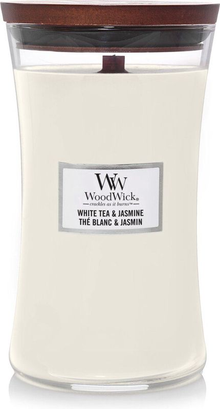 Woodwick - Large Hourglass - Geurkaars - White Tea & Jasmine - Houten Lont