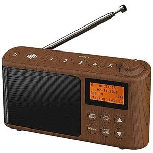 DAB/DAB Plus/FM-radio, kleine digitale radio, draagbaar, werkt op batterijen, mini-radio, digitale batterij en netvoeding, kofferradio, USB-oplaadkabel (houteffect)