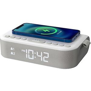 i-box Wekker met draadloos opladen, nacht-/wekkerradio, stereo-bluetooth-luidspreker, draadloos QI-opladen met USB-oplaadpoort, dubbel alarm, FM-radio