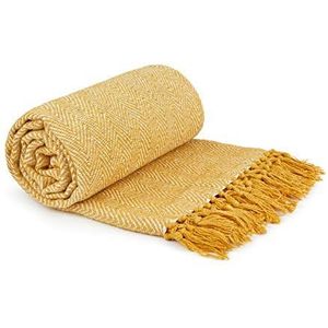 Emma Barclay Visgraat - Gerecycleerde Katoenen Patroon Stoel Sofa Setee Bed Gooi Over Deken in Okergeel - 90x100 (228x254cm)