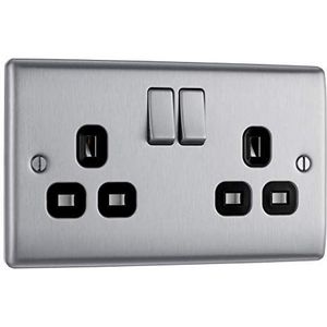BG-Nexus Metal dubbel stopcontact, 13 A, geborsteld staal, zwarte inzetstukken