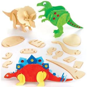 Baker Ross EK501 Dinosaurus 3D Houtknutselset, complete grootte 13 cm, voor kinderen om te knutselen en te decoreren (5 stuks), houtkleuren