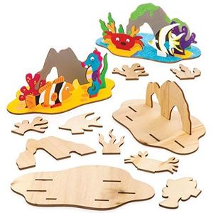 Baker Ross 3D-knutselsets zeedieren van hout (verpakking van 4 stuks), voor kinderen om te versieren en te monteren