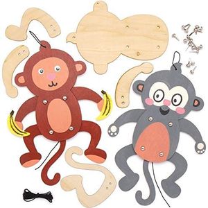 Baker Ross Handpoppenset van hout, 4 stuks, voor kinderen, motief: apen