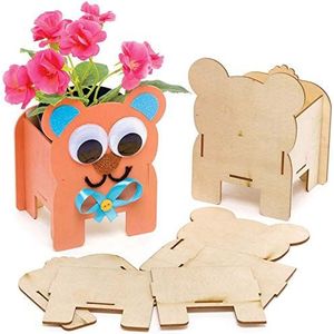 Baker Ross FE371 Houten teddybeer bloempot knutselset - 3 stuks, maak je eigen bloempot, plantenpotten voor kinderen om te versieren, creatieve activiteiten voor kinderen