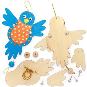 Baker Ross FE897 Kinderpoppen van hout in vogelvorm, 5 stuks, houten handpoppen, handpoppen voor kinderen
