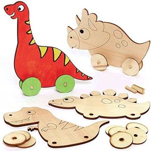 Baker Ross Trekspeelgoed van hout, motief: dinosaurus, 4 stuks, speelgoed voor kinderen (FC830)