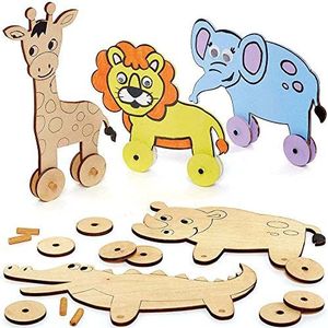 Baker Ross Trekspeelgoed van hout, motief jungledieren, 5 stuks, speelgoed voor kinderen (FC882)