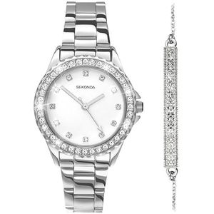 Sekonda Elizabeth Dameshorloge, kwartshorloge, 33 mm, met stenen kast, analoog display en roestvrijstalen armband, Zilveren Gift Set, armband