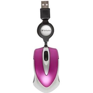 Verbatim Go Mini - USB Optical Travel Mouse with Retractable Cable, hot pink