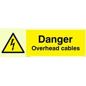 Viking Signs WE73-L31-PV ""Danger Overhead Cables"" Sign, Photoluminescent Sticker, 100 mm H x 300 mm W