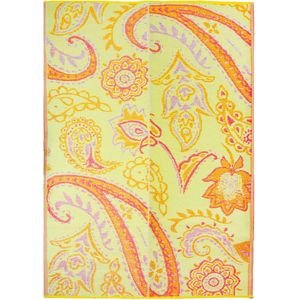 Talking Tables 180 x 120 cm roze & geel geweven waterdicht outdoor tapijt | lichte kunststof mat met paisley-printpatroon | voor tuin, terras, badkamer, picknick, boho-tapijt PAIS