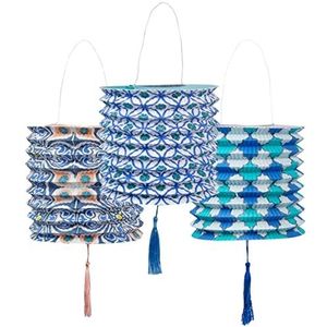 Marokkaanse geometrische blauwe papieren lantaarns decoraties voor verjaardagsfeest, tuin, zomer, babyshower, set van 3, gemaakt door Talking Tables