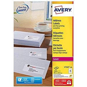 AVERY - (L7162-100) – doos met 1600 zelfklevende adresetiketten, personaliseerbaar en bedrukbaar, formaat 99,1 x 33,9 mm, laserdruk
