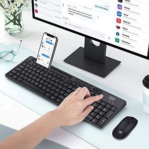 EVO LABS WM-757UK Draadloos toetsenbord en muis combo set, met geïntegreerde tablet/mobiel/smartphone standaard, 2,4 GHz full size Qwerty UK Layout toetsenbord met draadloze muis, ideaal voor