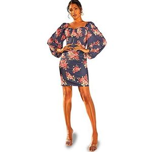 Chi Chi London Dames Ballonmouw Bloemen Bodycon Jurk in Navy Speciale Gelegenheid, marineblauw, 42
