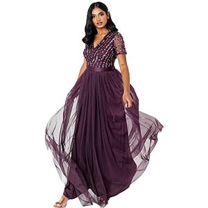 Maya Deluxe Maxi-jurk voor dames, bruidsmeisje, V-hals, baljurk met korte mouwen, lang, elegant, empire-taille, bruiloft, Bessen, 34