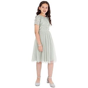Maya Deluxe Meisjesmidi-jurk voor bruiloft met pailletten versiering korte mouw prom verjaardagsfeestje bruidsmeisje, Groene Lelie, 7-8 jaar