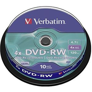 Verbatim 2330530 DVD RW 4,7 GB - 4x brandsnelheid, lange levensduur, krasbescherming, 10 Pack Spindle, meerkleurig