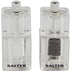 Salter 7605 CLXR Salt & Pepper Mini Mills Set, Kitchen Cooking, Square Finish, Diamond Hard Ceramic, Twist to Grind, Salt Crystals & Peppercorns, Easy Adjustable, Fine to Coarse, 9.7 cm, Clear