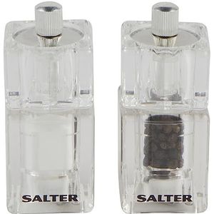 Salter CLXR 7605 Mini-vierkante zout- en pepermolens van hard keramiek, draaibaar, voor het malen met zoutkristallen en peperkorrels, 14 g zout/7 g peper, verstelbaar, fijn tot grof, 9,7 cm