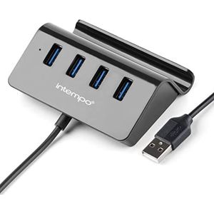 Intempo EE6125BLKSTKEU7 4 Port USB Data Hub and Phone Holder, Connect Multiple Devices at Once, Portable USB Adapter Compatible With Most Laptops & Computers, Type-C Connector