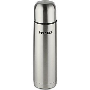Pioneer Dubbelwandige thermosfles, BPA-vrij, roestvrij staal 18/10, met drukknop en beker, 1 l, zilver, 8 uur warm, 100% lekvrij
