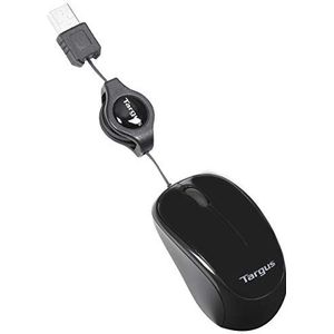 Targus Compact Blue Trace Mouse - kleine computermuis met uittrekbare kabel - optische muis met Blue Trace technologie voor alle oppervlakken - laptop muis voor onderweg - zwart, AMU75EU