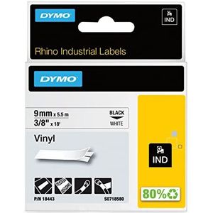 DYMO Rhino-industriële vinyletiketten, 9 mm x 5,5 m, zwart op wit, zelfklevende tape, voor DYMO Rhino en LabelManager labelprinter