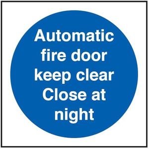 VSafety 18014AF-S Automatic Fire Door Keep Clear Close At Night verplicht paneel zelfklevend vinyl vierkant 100 mm x 100 mm blauw