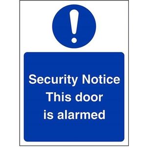 VSafety 18061AN-S ""Security Notice/This Door Is Alarmed"" Verplichte borden, Zelfklevende Vinyl, Portret, 150 mm x 200 mm, Blauw