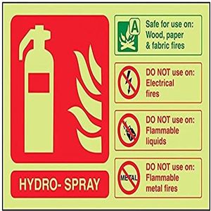 vsafety 11021 al-g brandblusser schild 1mm kunststof Hydro Spray ID Glow in the Dark 150 mm x 100 mm groen/rood