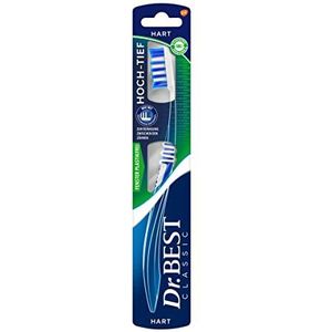 Dr.BEST Tandenborstel met hoge lage temperatuur, hard (1 stuk). De kortere rijen borstelharen reinigen het tandoppervlak, de langere zijn speciaal ontworpen voor het reinigen van interdentale ruimtes