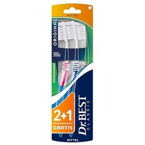 Dr.BEST Originele tandenborstel, middelgroot, voordeelverpakking (2 stuks + 1 gratis stuk) helpt het tandvlees te beschermen