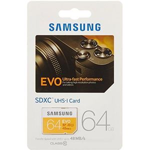 Samsung Geheugenkaart SDXC 64GB EVO UHS-I Grade 1 Class 10 voor foto- en videocamera's (tot 48 MB/s overdrachtssnelheid)