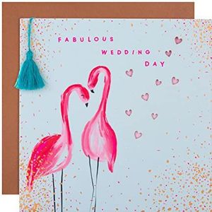 Huwelijksfelicitatiekaart van Hallmark - eigentijds vierkant design met neonroze flamingo's