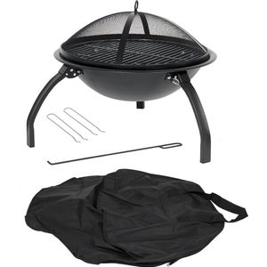 La Hacienda Vuurschaal Camping (Ø 54 cm) - Vuurschaal BBQ - Staal - Zwart - Terrashaard - Vuurkorf voor Buiten - Vuurton - Vuurhaard - Vuurkorf Schaal - Vuurkorf met Vonkenscherm - BBQ set - 54x54x43 cm