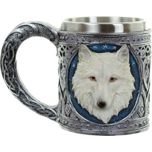Decoratieve Witte Wolf Drinkbeker - Witte Wolf mok met RVS inzet - voor warme en koude drankjes