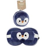 Relaxeazzz Pinguin knuffel/reiskussen/slaapmasker - 2-in-1 set - voor kinderen- in vliegtuig of auto