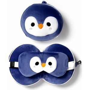 Relaxeazzz Pinguin knuffel/reiskussen/slaapmasker - 2-in-1 set - voor kinderen- in vliegtuig of auto