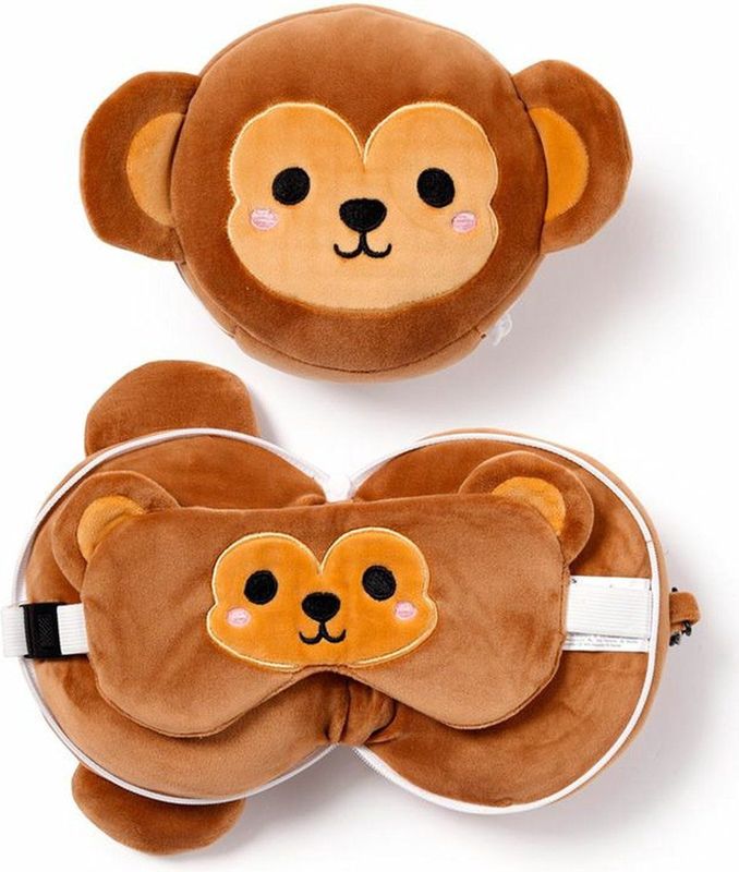 Relaxeazzz - Aap - Reiskussen en Slaapmasker Set - Bruin - Polyester
